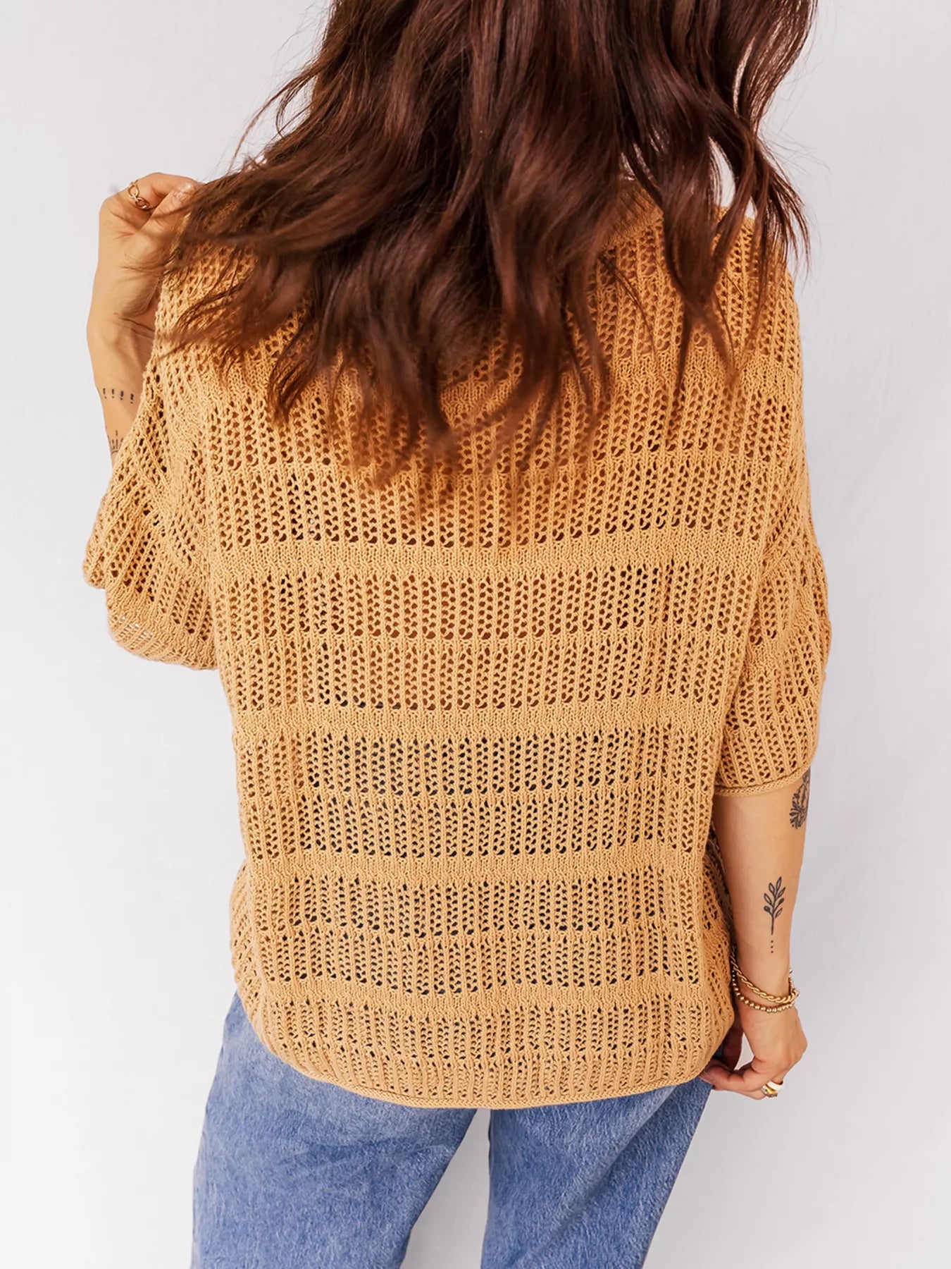 Sarah Express Women's Hollow Out Openwork Knit 3/4 Sleeve Sweater