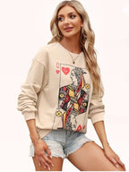 Sarah Express Women's Queen of Hearts Playing Card Graphic Round Neck Sweatshirt