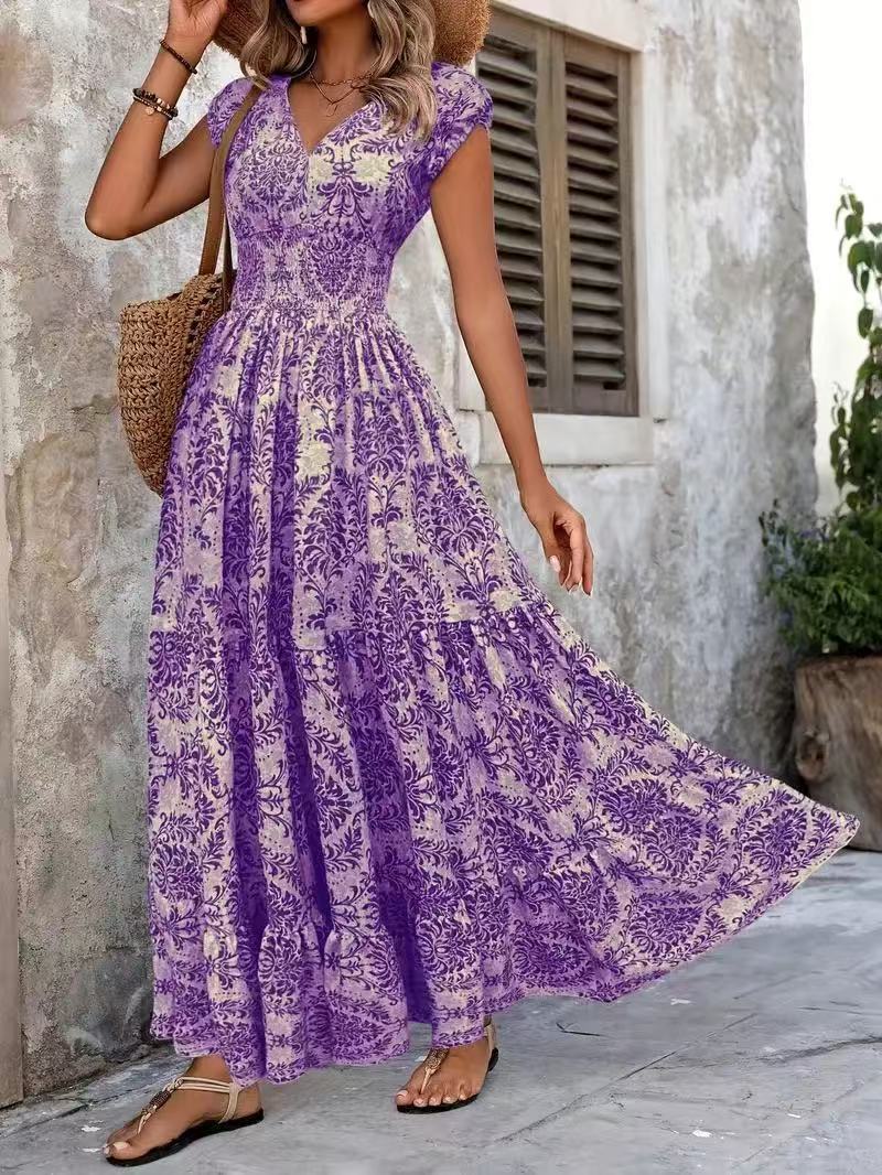 Women's V-Neck Puff Sleeve High Waist Maxi Dress with Flowing Hem