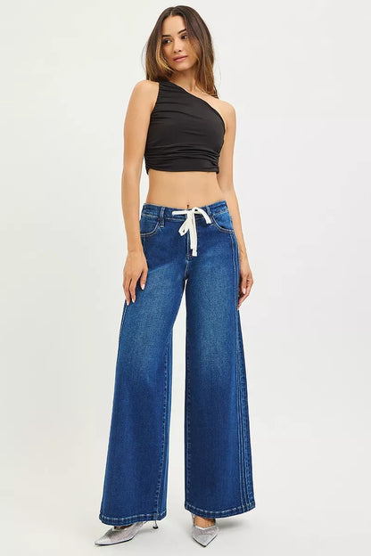 Sarah Express Women's Mid Rise Wide Leg Pintuck Jeans with Drawstring - Plus Size RISEN Denim