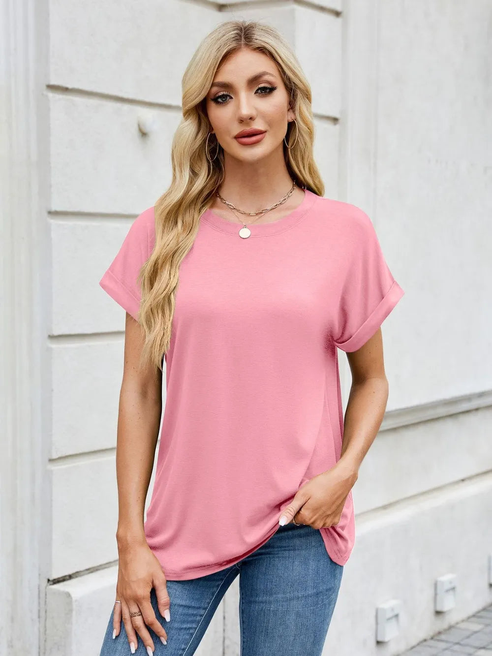 Sarah Express Women's Round Neck Short Sleeve T-Shirt - Casual Basic Tee Pink