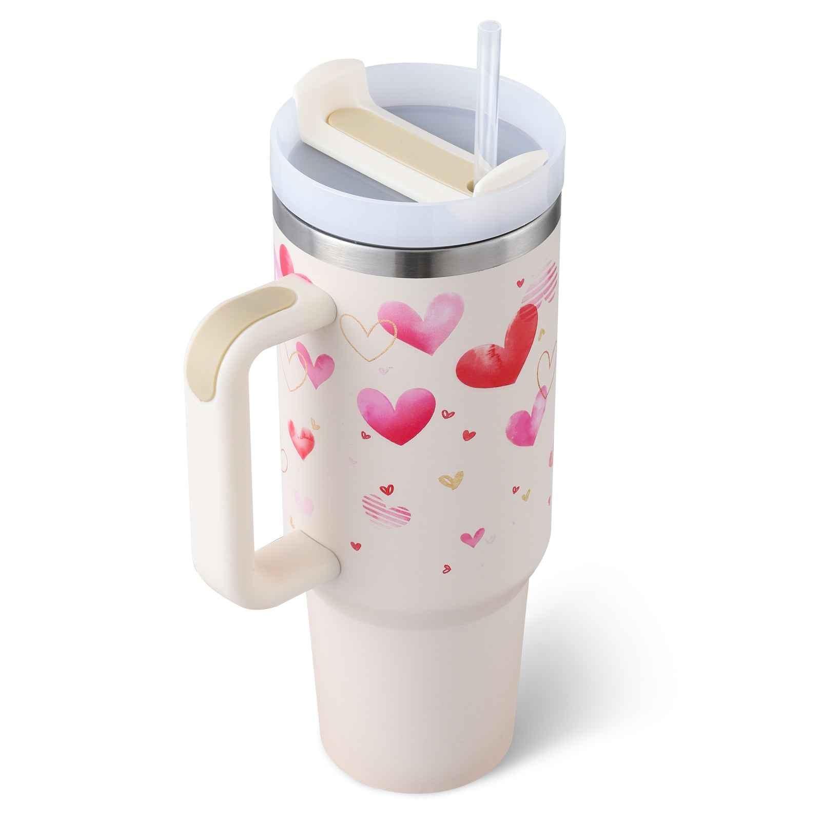 Sarah Express 40 oz Insulated Tumbler with Handle and Straw - Stainless Steel Vacuum Coffee Cup with Lid Pink love B 1200ML 1PC