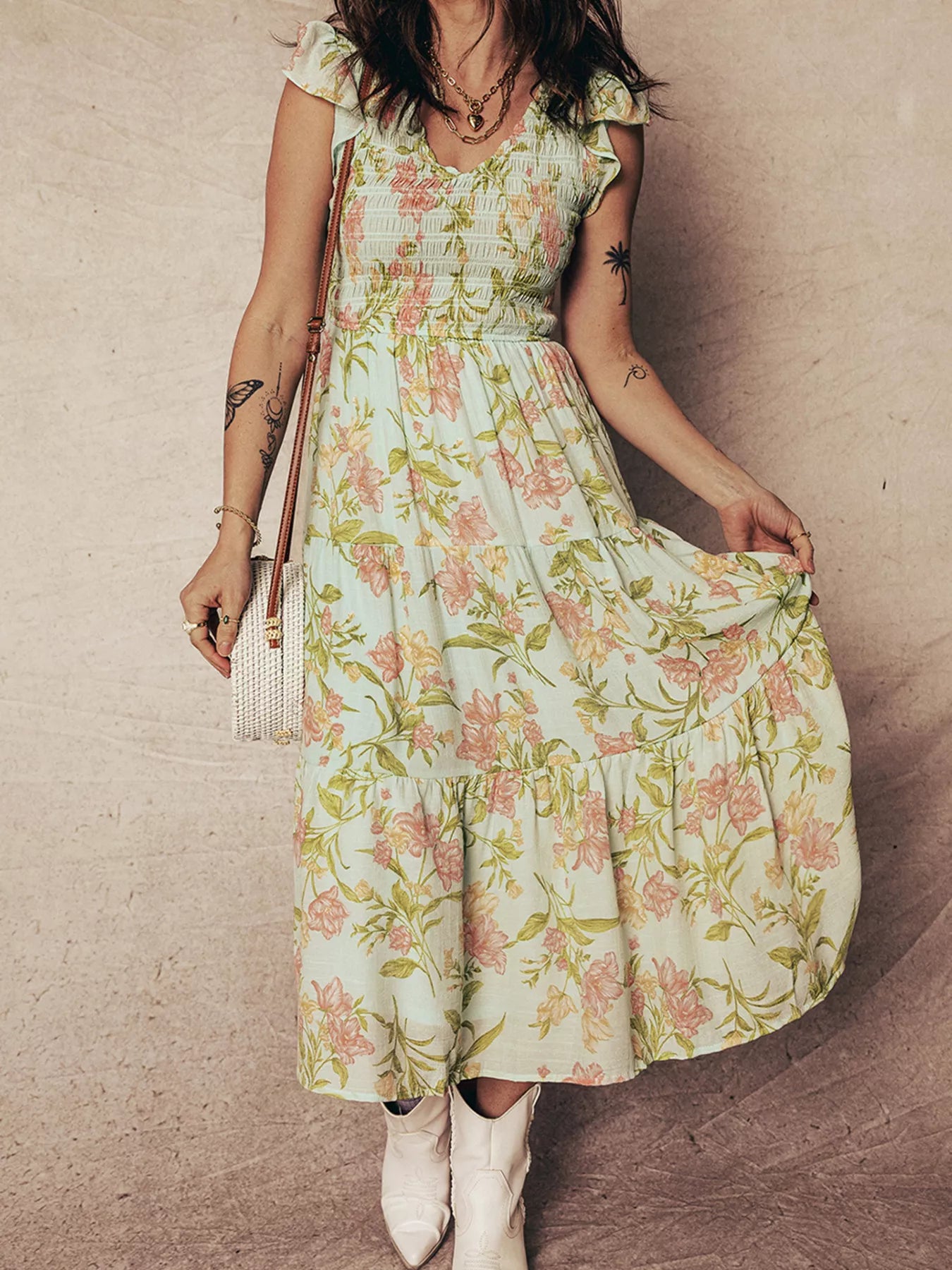 Sarah Express Women's Smocked Bodice Tiered Floral Maxi Dress - Ruffled Sleeveless Summer Dress