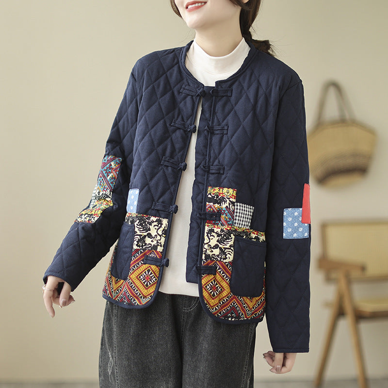 Sarah Express Women's Vintage Patch Cardigan Jacket Cotton-Padded Buckle Closure Rhombus Pattern Coat