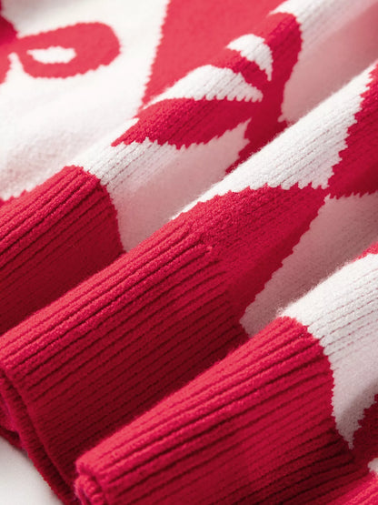 Sarah Express Women's Bow Print 2-Tone Rhombus Knit Loose Sweater