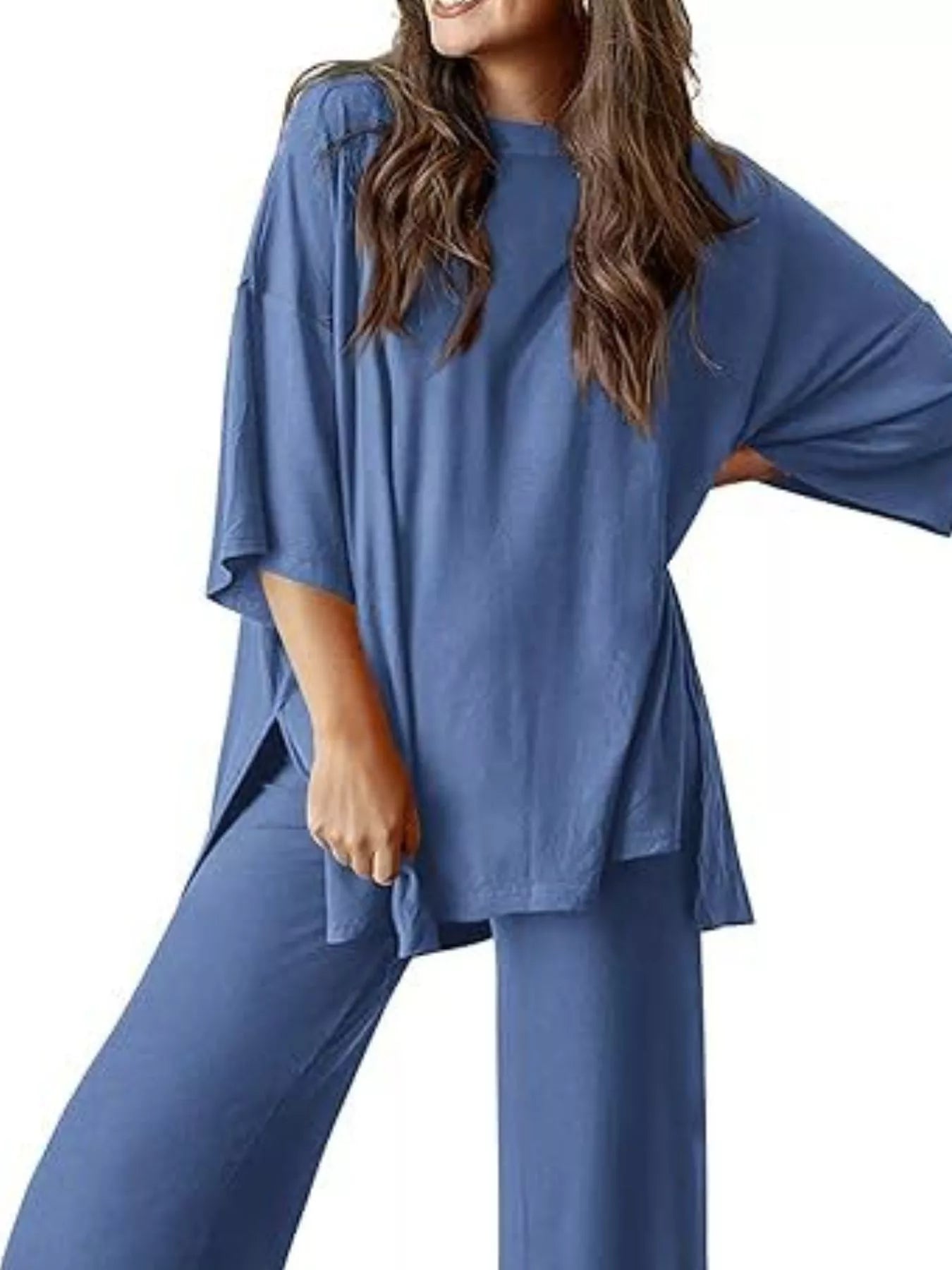 Sarah Express Women's Two Piece Slit Round Neck Top and Pants Set - Casual Loungewear Outfit Dusty Blue