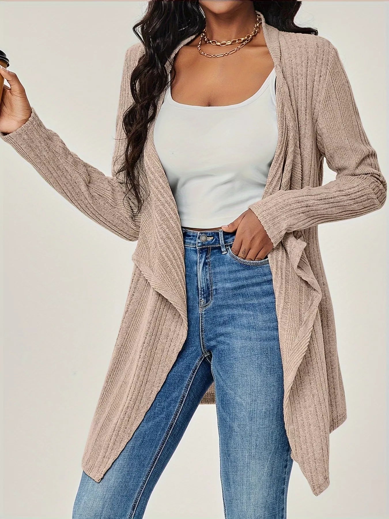 Sarah Express Women's Ribbed Knit Open Front Cardigan - Long Sleeve Lightweight Sweater