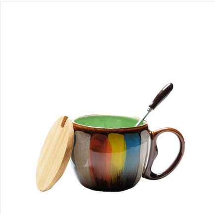 Sarah Express Ceramic Coffee Mug with Lid and Spoon - 350ml European Style Breakfast Cup Set Green