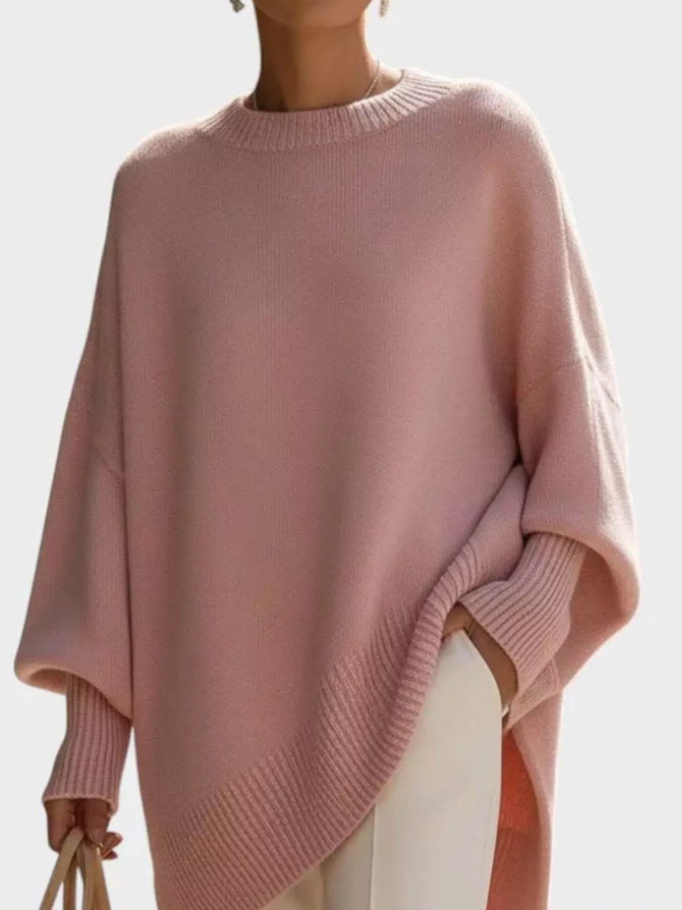 Sarah Express Women's Oversized Batwing Sleeve Round Neck Sweater Pink