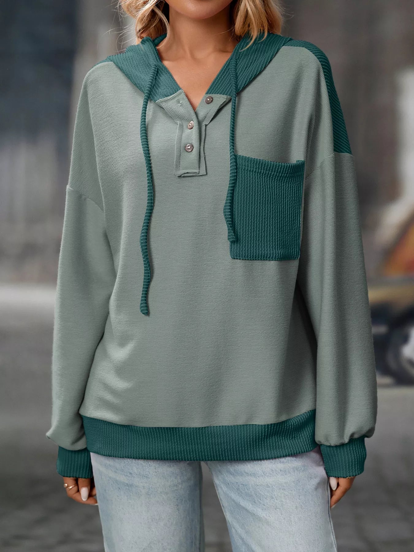 Sarah Express Women's Casual Color Block Button Detail Hoodie