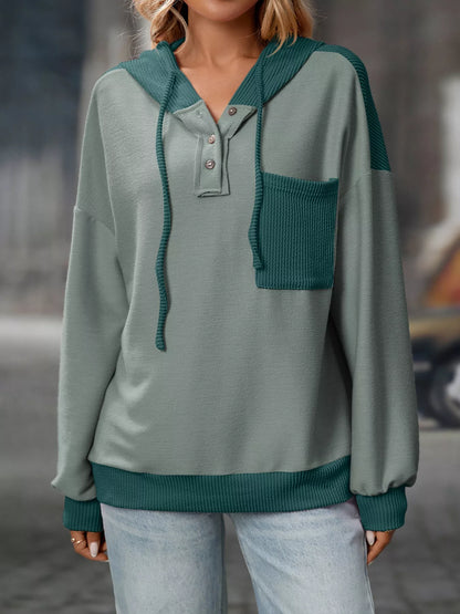 Sarah Express Women's Casual Color Block Button Detail Hoodie