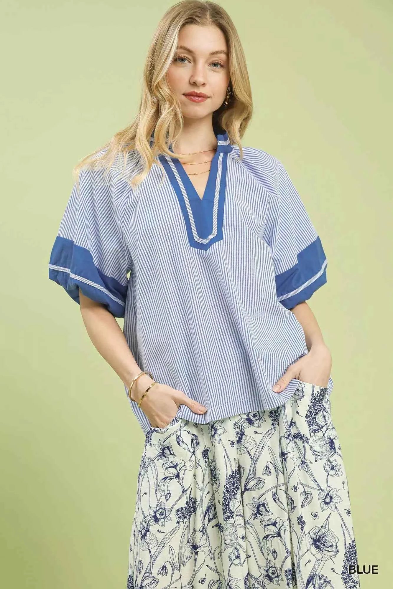 Sarah Express Women's Striped V-Neck Puff Sleeve Blouse - Cotton Blend Flutter Sleeve Top BLUE