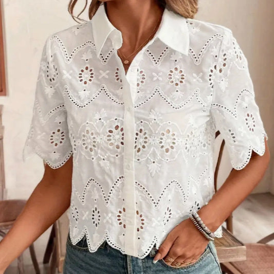 Sarah Express Women's Classic White Short Sleeve Shirt Elegant Blouse