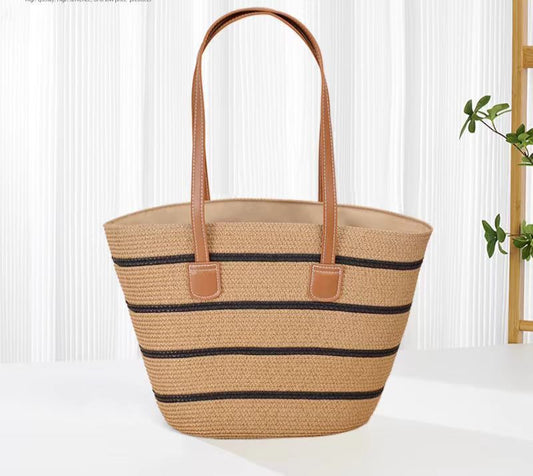 Sarah Express Women's Woven Straw Tote Bag - Minimalist Urban Casual Shoulder Bag with Zipper Compartment Khaki Black Wide Stripes 42X28X13CM
