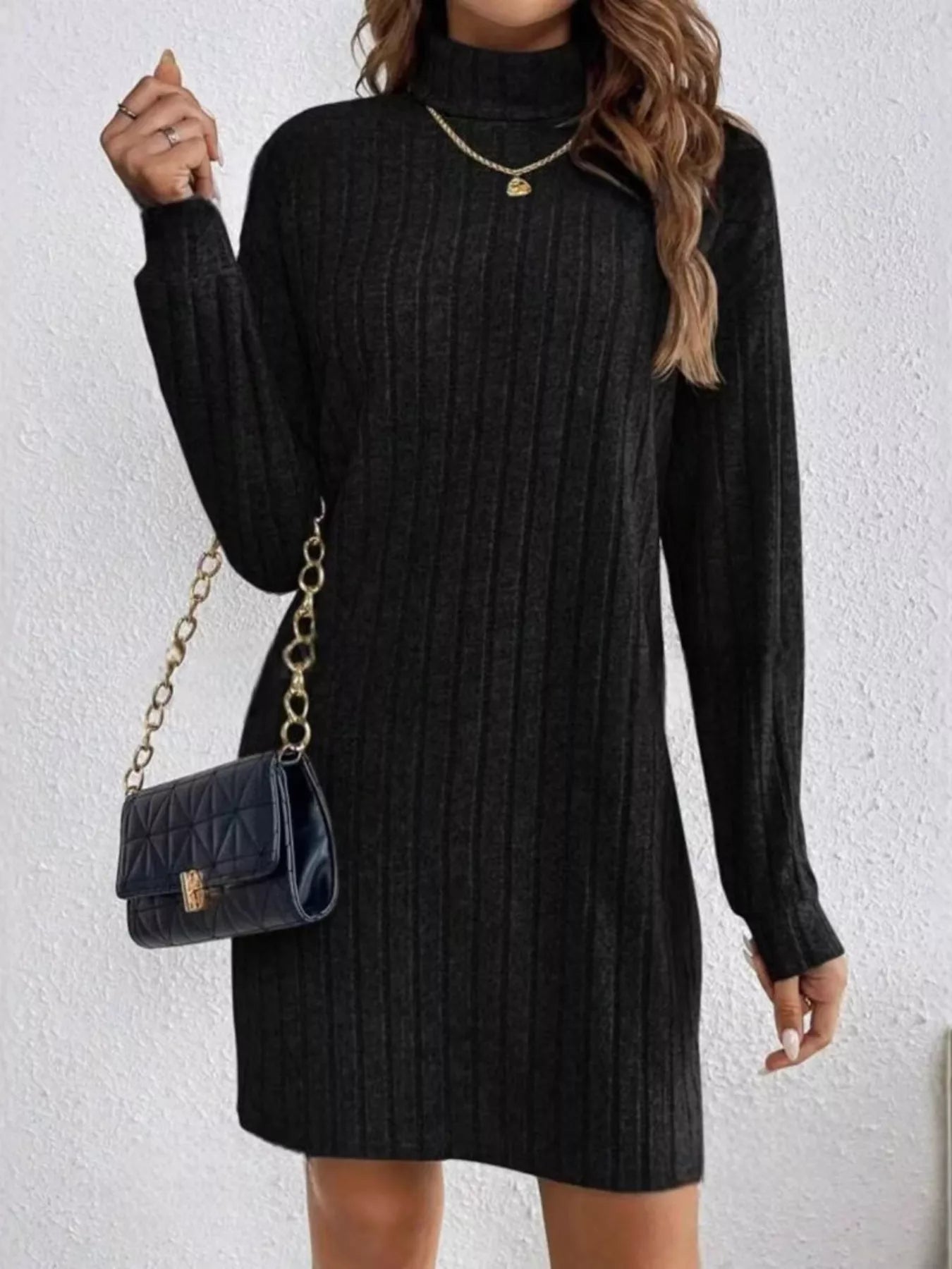 Sarah Express Women's Ribbed Knit Turtleneck Mini Dress - Long Sleeve Bodycon Sweater Dress Black