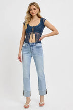 Sarah Express Women’s High Rise Relaxed Straight Jeans with Cuff
