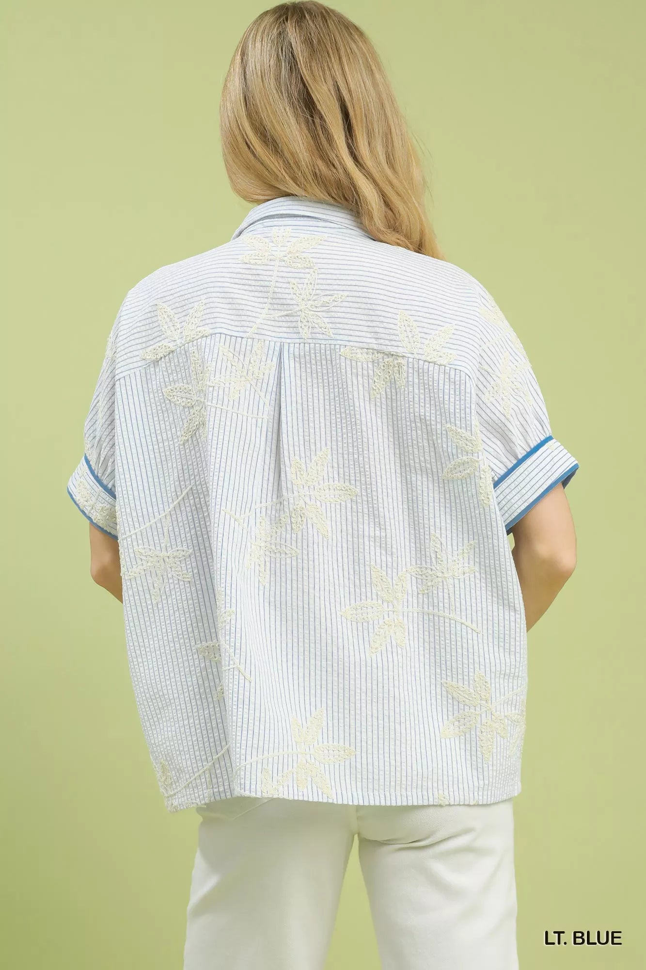 Sarah Express Women's Striped Embroidered Blouse with Scallop Trim