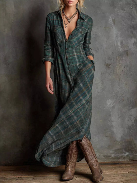 Sarah Express Women's Plaid Long Sleeve Maxi Dress with Pockets Green