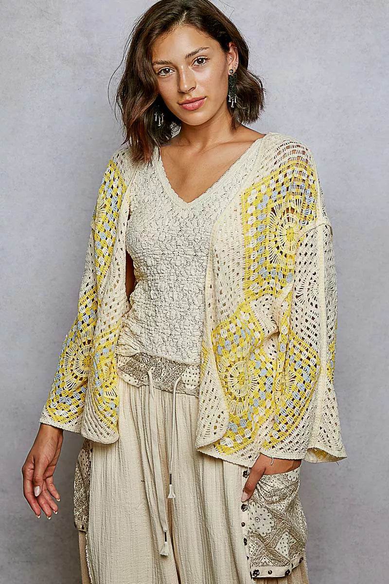 Sarah Express Women's Open Front Crochet Cardigan with Granny Square Pattern