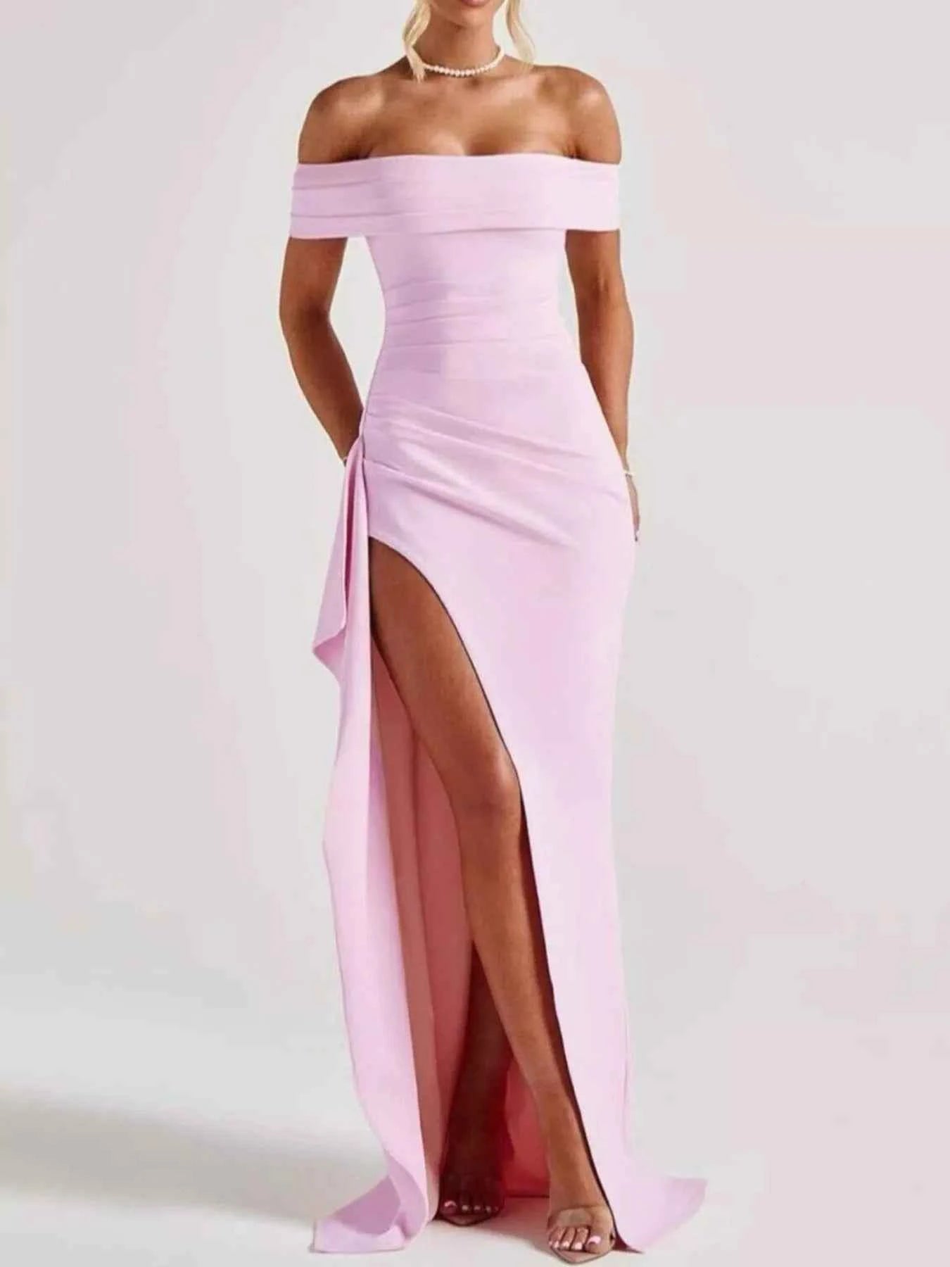 Sarah Express Women's Off-Shoulder High Slit Maxi Dress - Ruched Bodycon Evening Gown