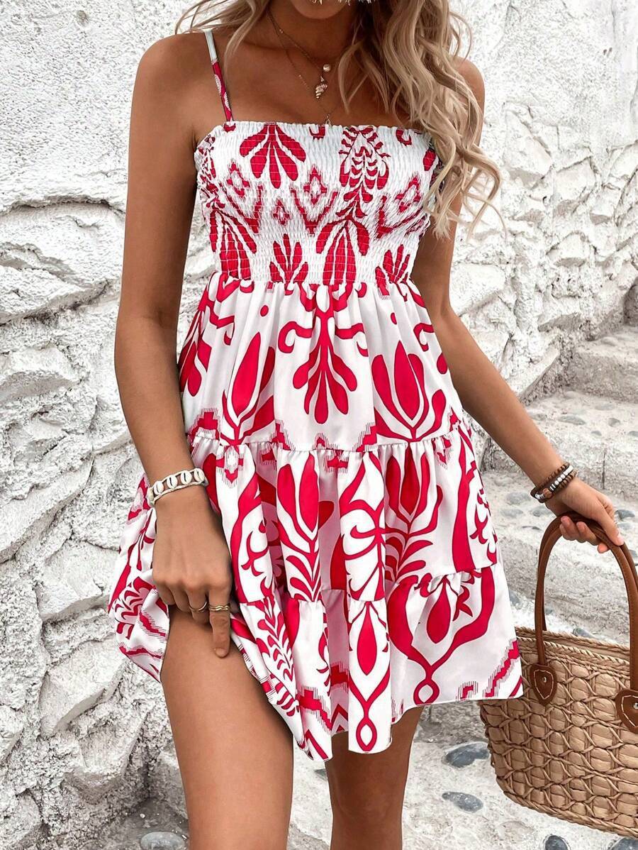 Sarah Express Women's Plant Print Gathered High Waist Cami Dress Sleeveless