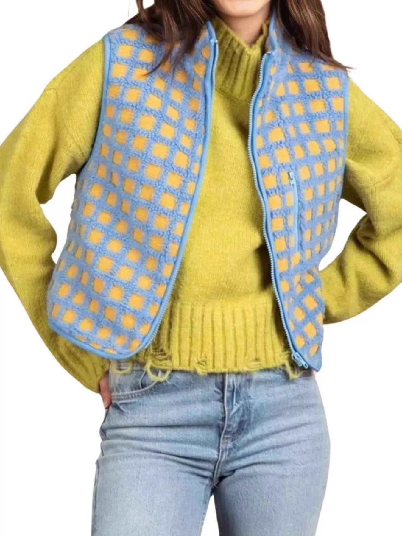 Sarah Express Women's Plaid Zip Up Vest Coat with Pockets - Sleeveless Outerwear Jacket