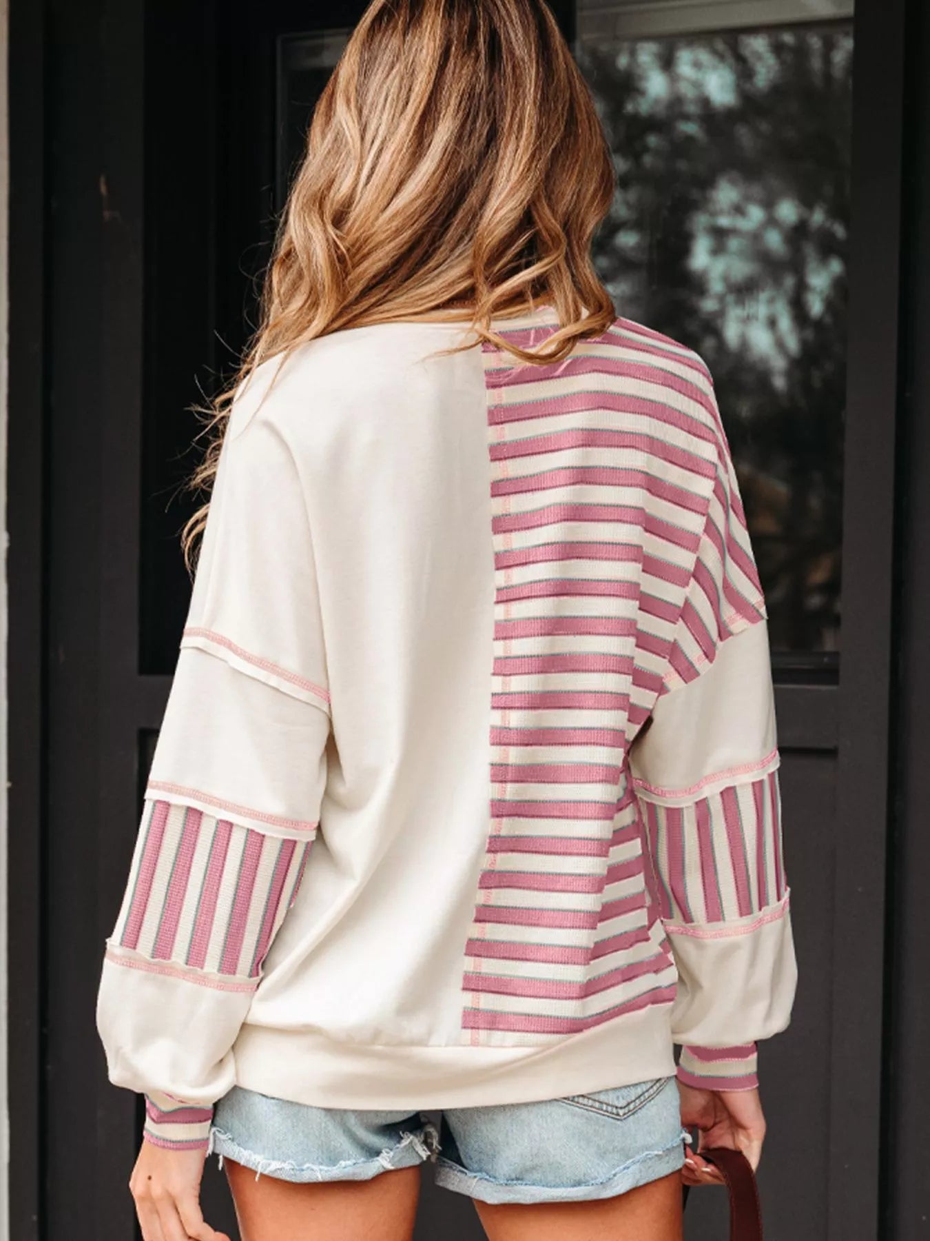 Sarah Express Women's Stripe Stitched Detail Color Block Patchwork Oversized Top