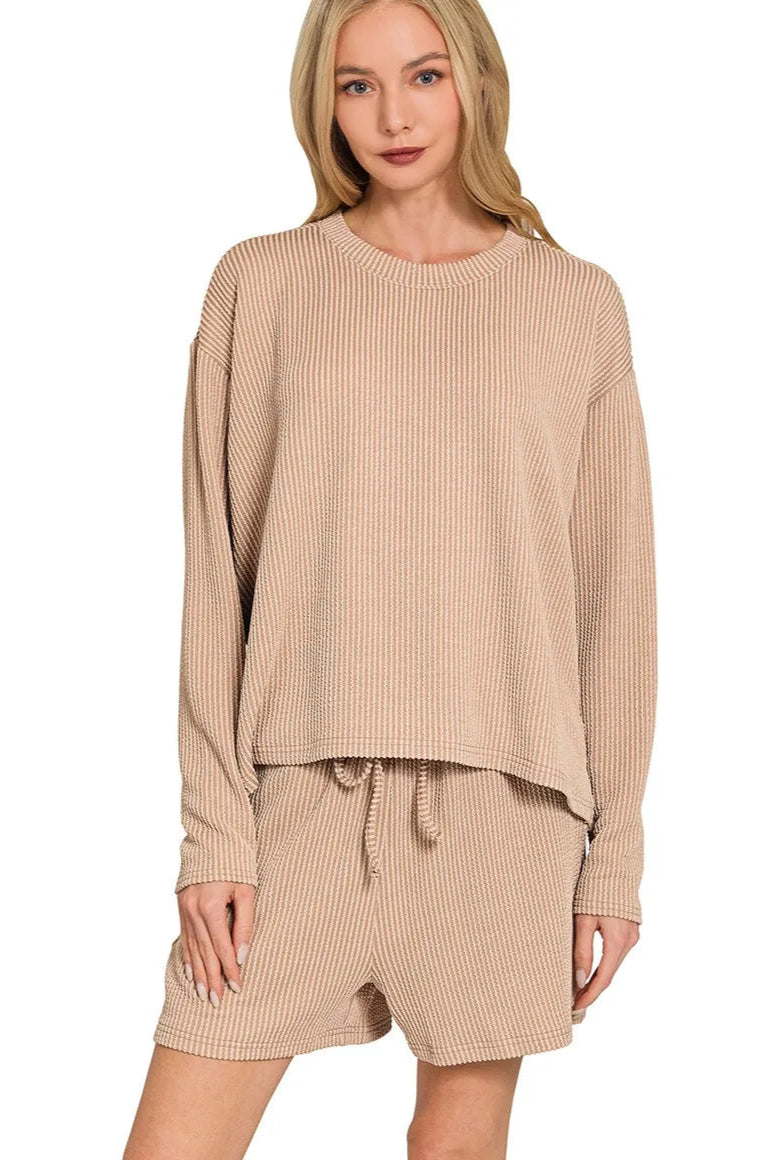 Sarah Express Women’s Corded Rib Lounge Set with Long Sleeve Tee and Shorts