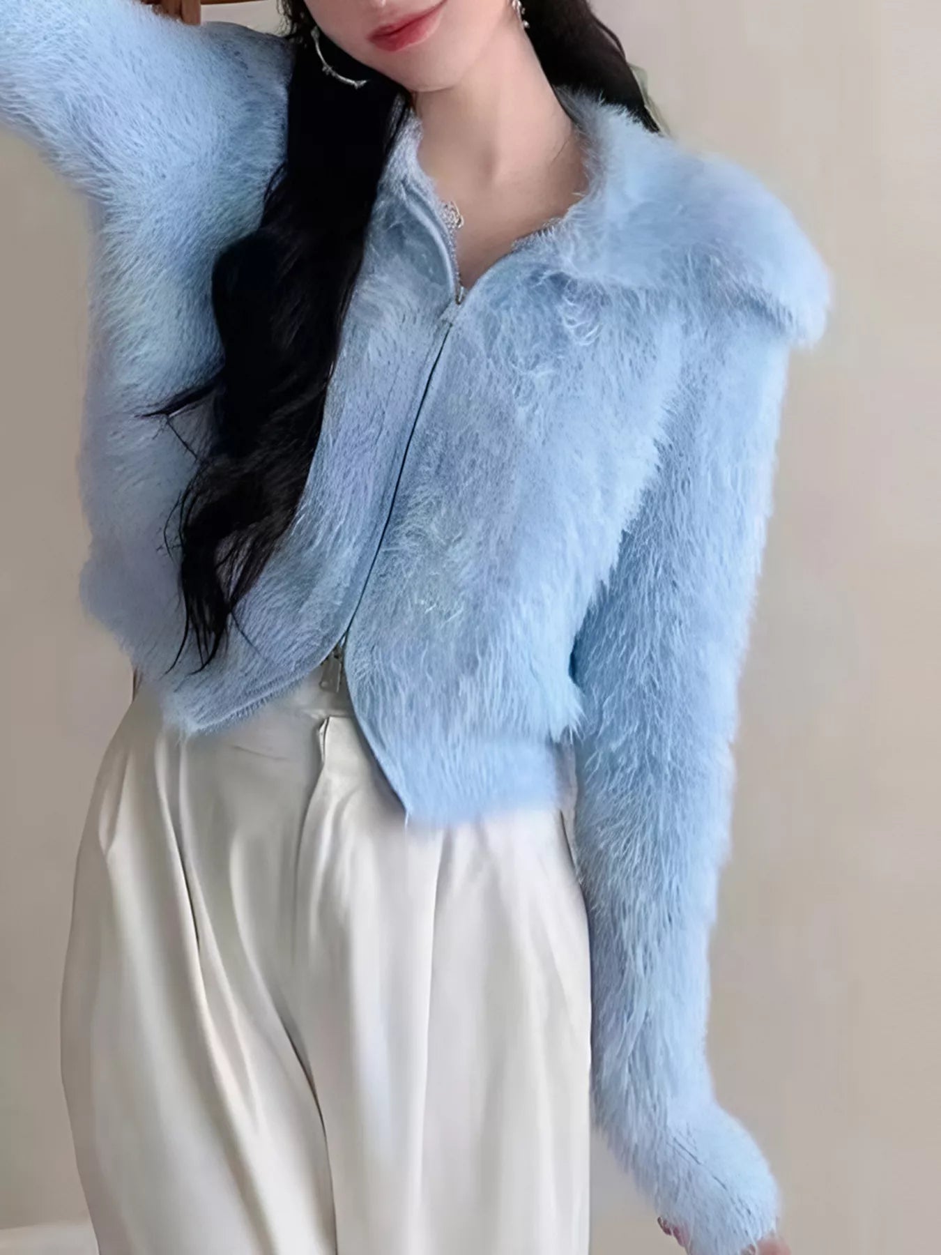 Sarah Express Women's Fluffy Knit Zip-Up Cardigan