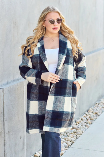 Sarah Express Women's Plaid Button Up Lapel Collar Coat