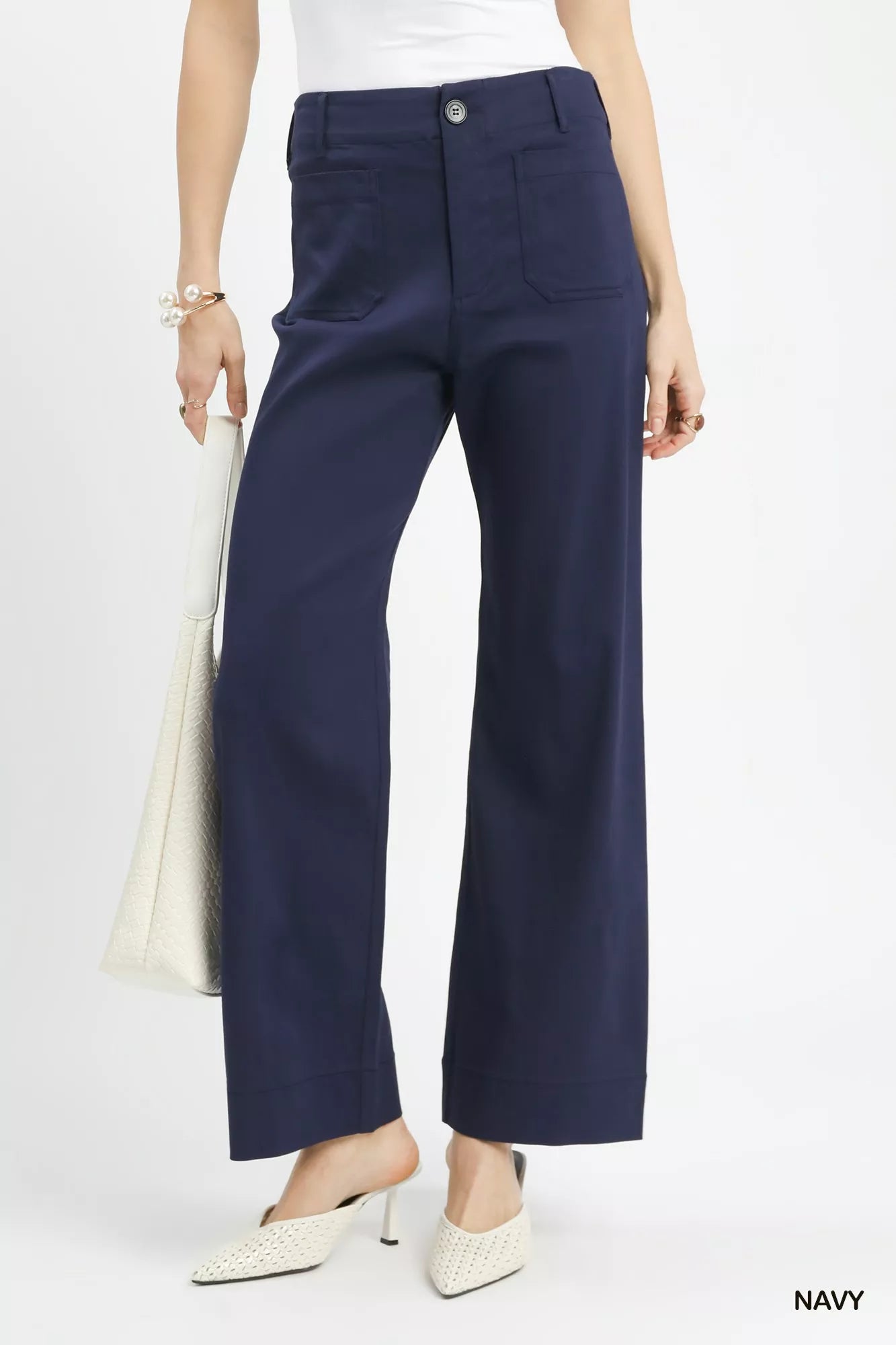 Sarah Express Women's Button Front Stretch Pants with Pockets NAVY