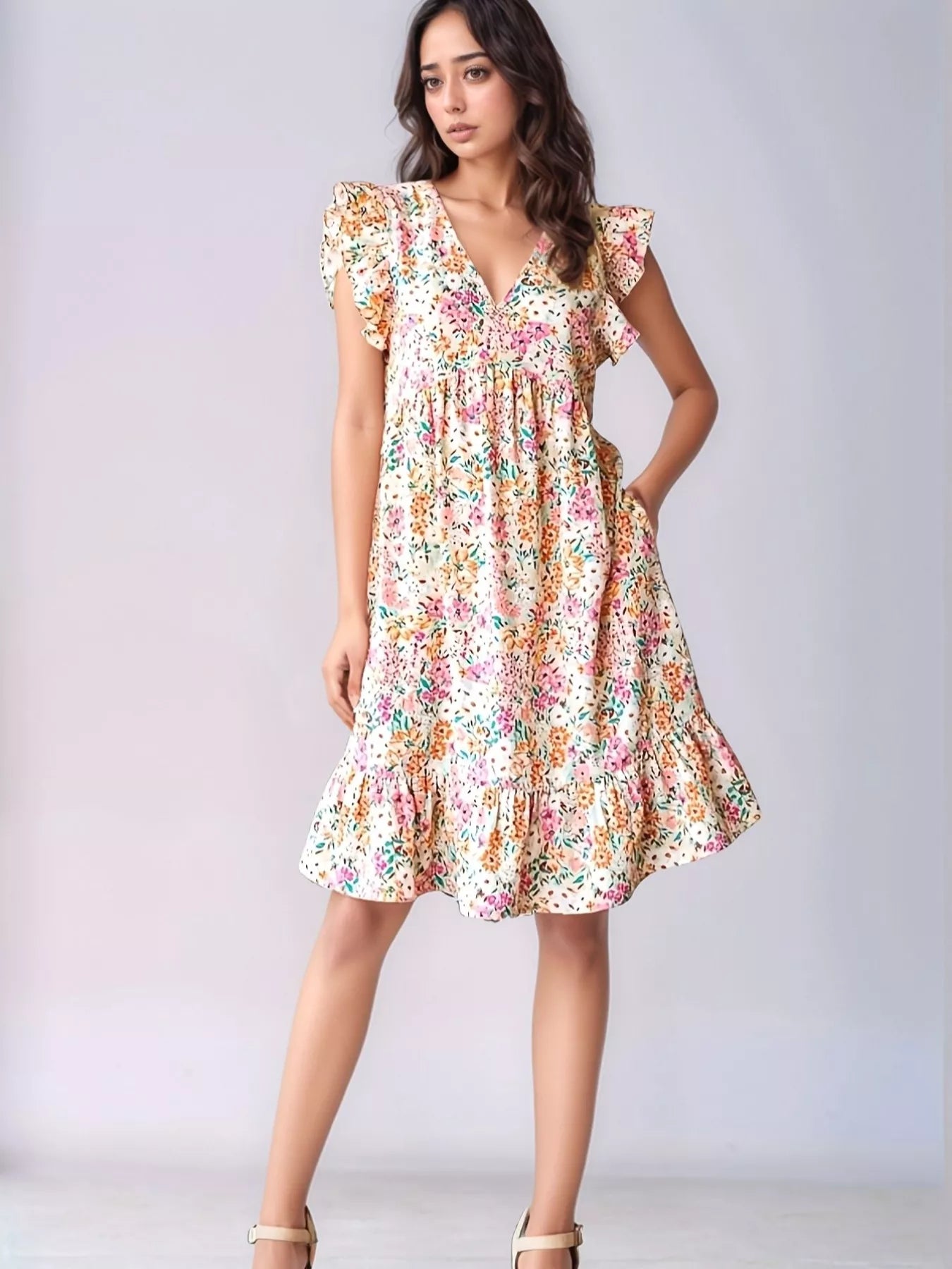 Sarah Express Women's Floral Print Ruffle Trim V-Neck Maxi Dress