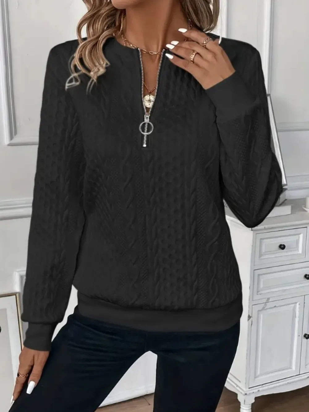 Sarah Express Women's Textured Half Zip Long Sleeve Sweatshirt Black