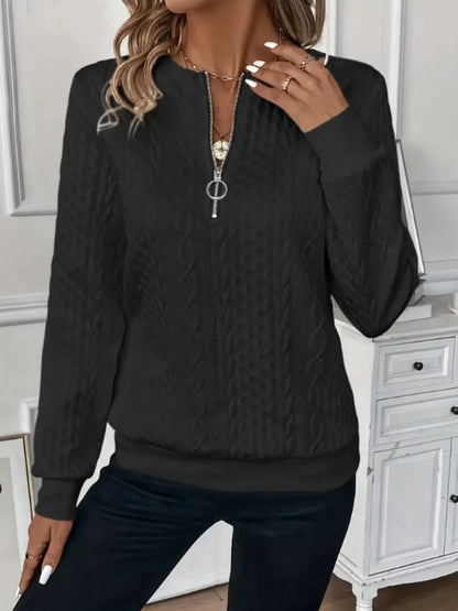 Sarah Express Women's Textured Half Zip Long Sleeve Sweatshirt Black