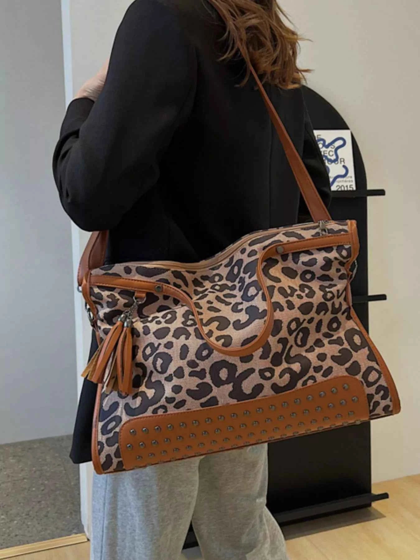 Sarah Express Women's Leopard Print Studded Tote Bag - Large PU Leather Shoulder Bag