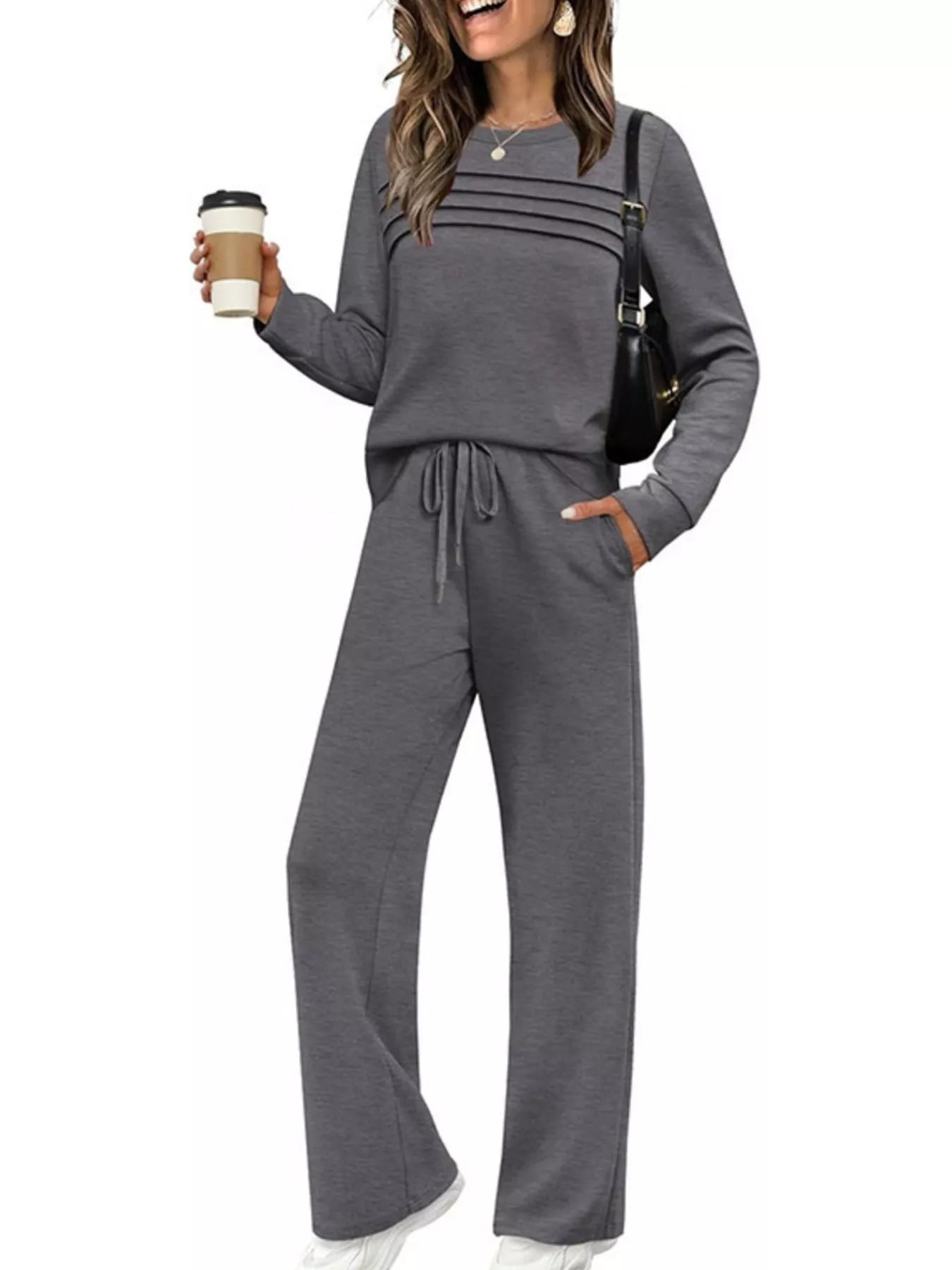 Sarah Express Women's Plus Size Round Neck Long Sleeve Top and Pants Lounge Set - Two Piece Dark Gray