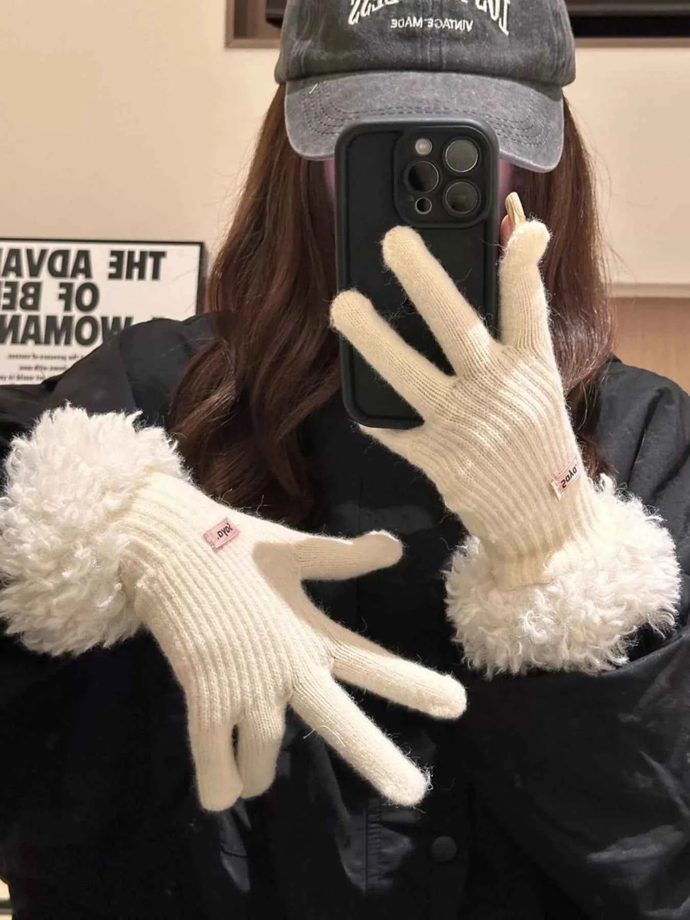 Sarah Express Women's Fuzzy Cuff Knitted Gloves - Warm Winter Cozy Soft Polyester Gloves Cream Color ONESIZE