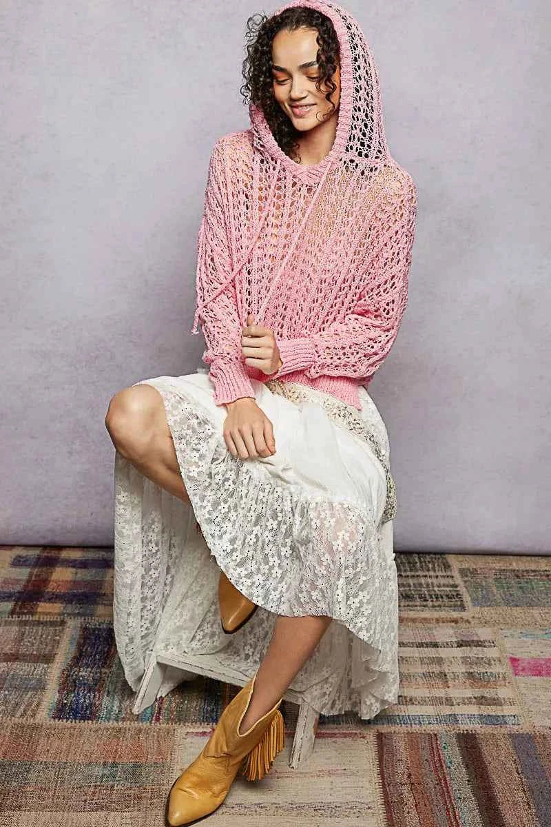 POL Openwork Round Neck High Low Knit Top