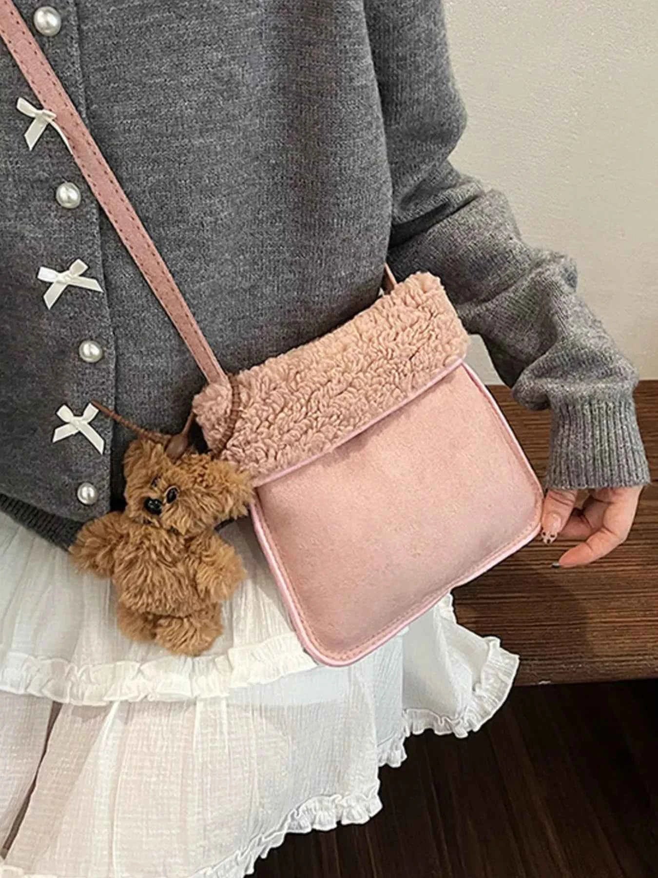Sarah Express Women's Teddy Bear Charm Plush Crossbody Bag - Mini Suede Shoulder Bag