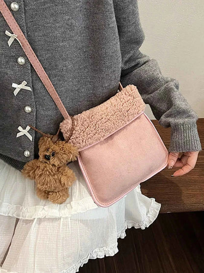 Sarah Express Women's Teddy Bear Charm Plush Crossbody Bag - Mini Suede Shoulder Bag