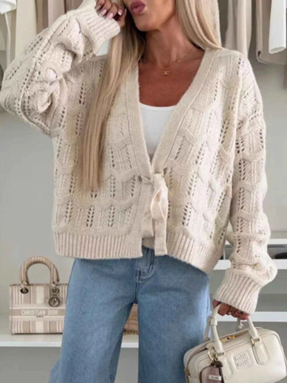 Sarah Express Women's Tie-Front Openwork Cardigan - Lightweight Knit Sweater