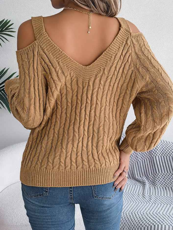 Sarah Express Women's Off-Shoulder Cable Knit Sweater - Casual Lantern Sleeve Pullover
