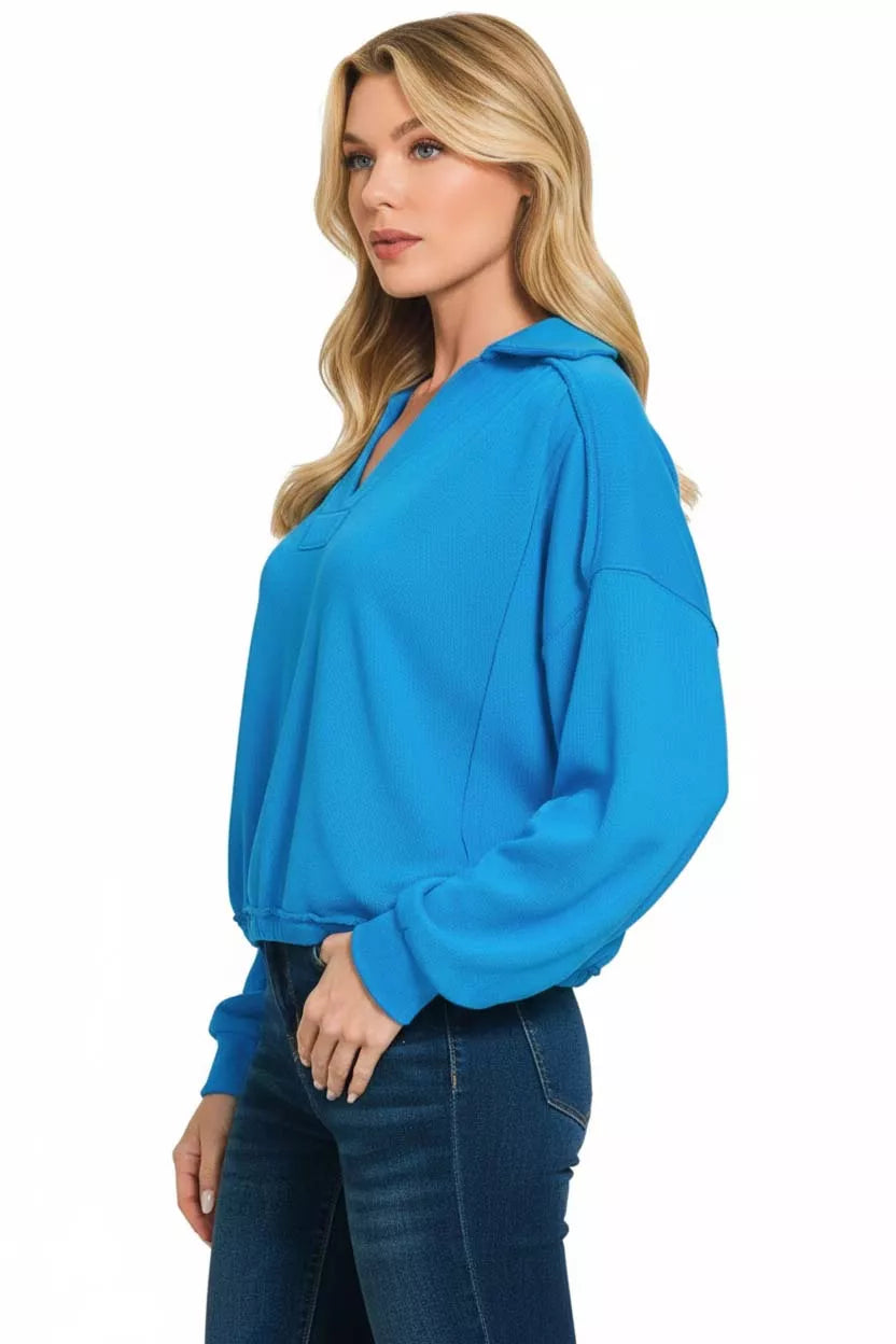 Sarah Express Women's French Terry Collared Exposed Seam Sweatshirt