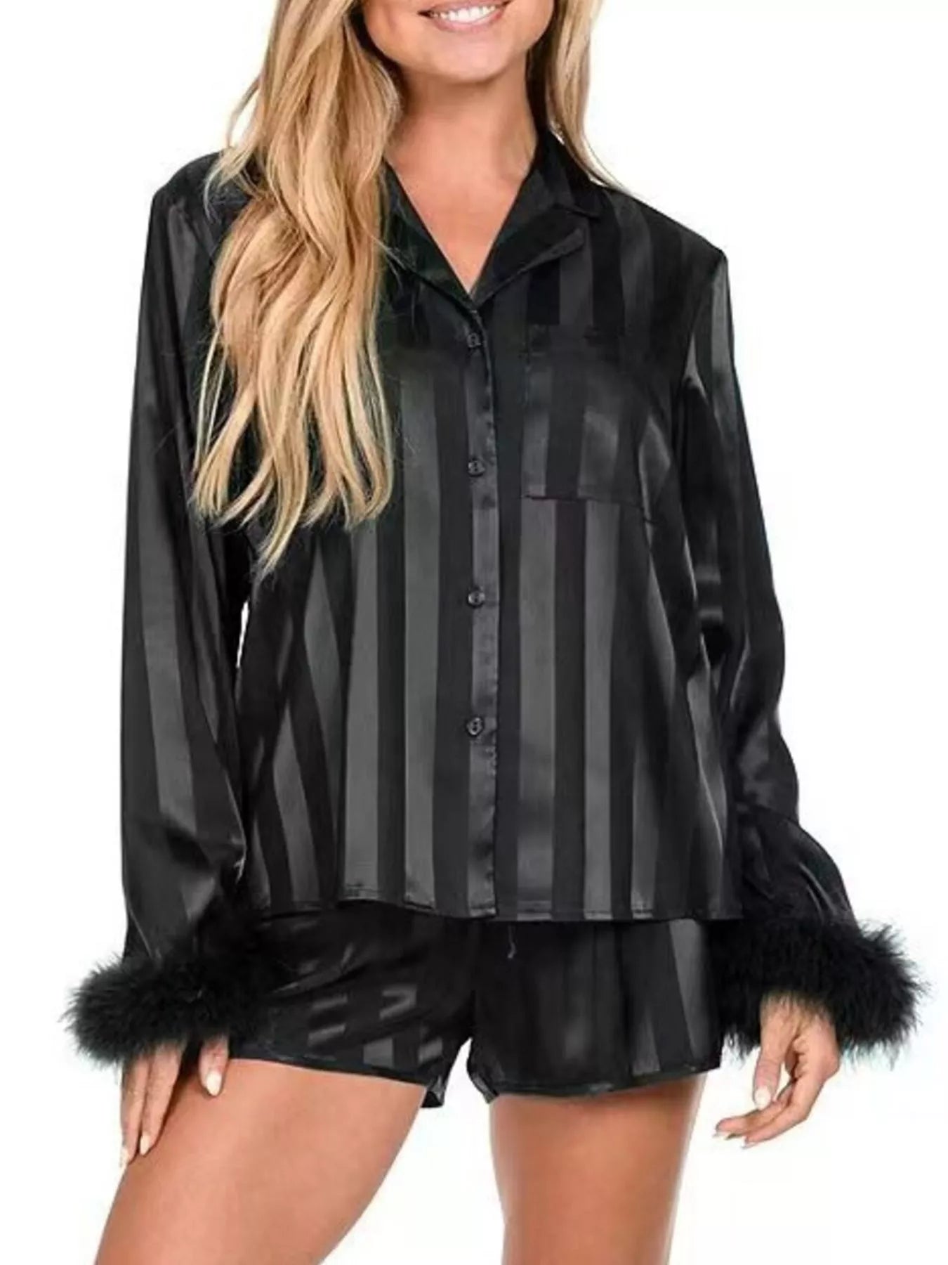 Sarah Express Women's Striped Feather Trim Shirt and Shorts Lounge Set Black