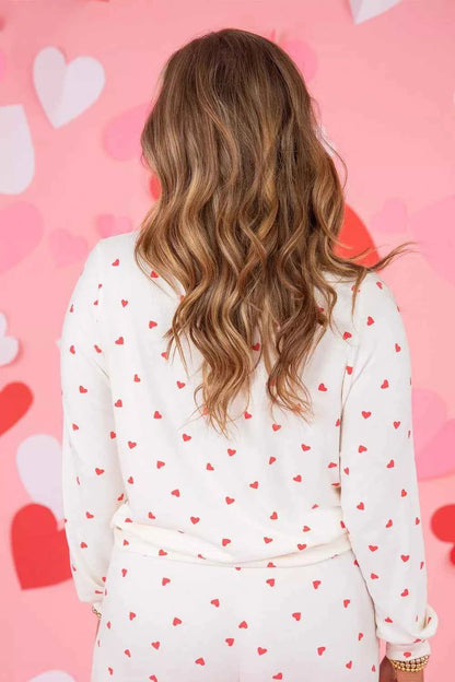 Sarah Express Women's Hearts Printed Long Sleeve Top & Drawstring Pants Lounge Set