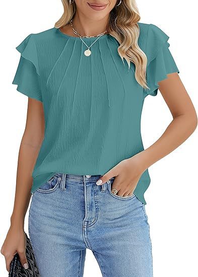 Sarah Express Women's Pleated Round Neck Blouse Short Sleeve Professional Work Top