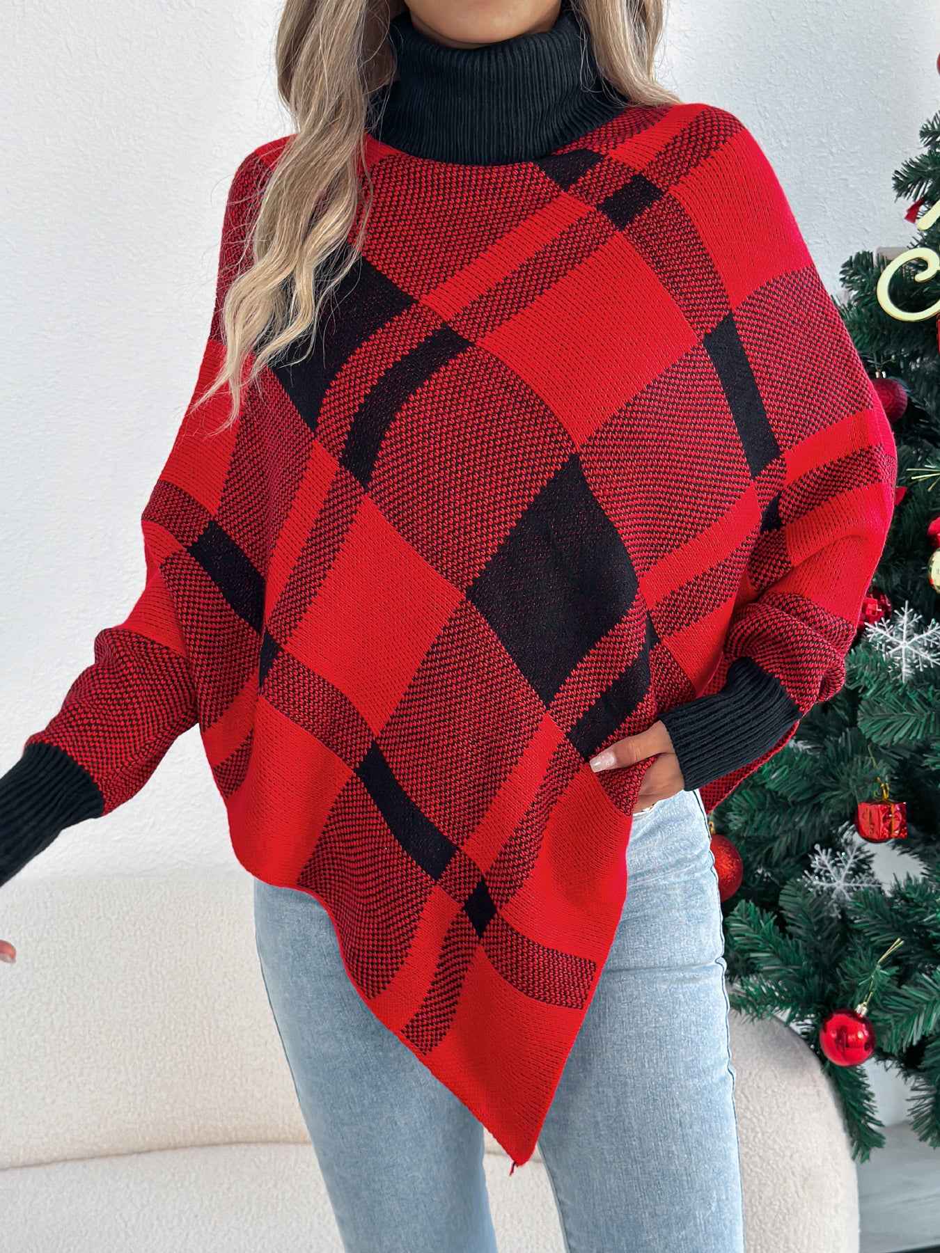Sarah Express Women's Color Block Plaid Turtleneck Poncho Sweater - Oversized Knit Pullover