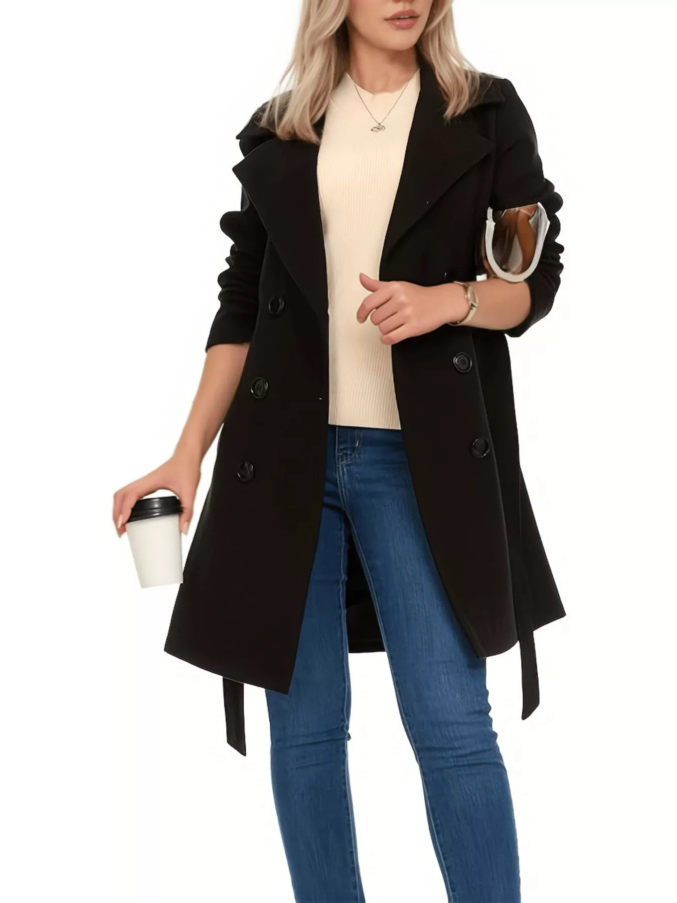 Sarah Express Women's Double Breasted Long Sleeve Coat Black