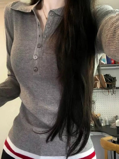 Sarah Express Women's Slim Fit Ribbed Button Detail Knit Top Gray