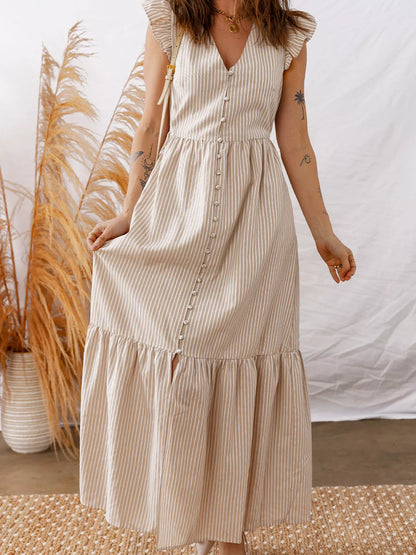 Sarah Express Women's Stripe Flutter Sleeve Buttoned Front Slit Maxi Dress